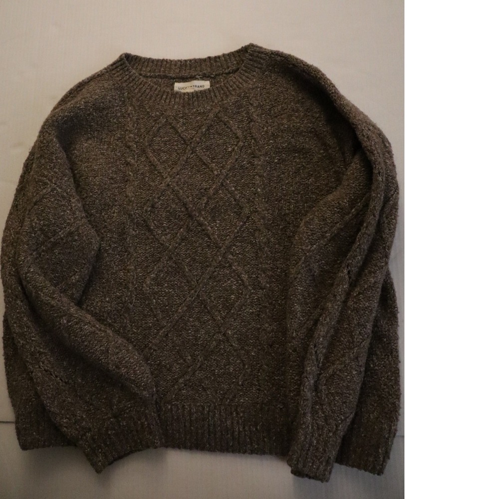 Lucky Brand XL Brown Cable Knit Crew Neck Sweater Marled Wool Blend Pullover